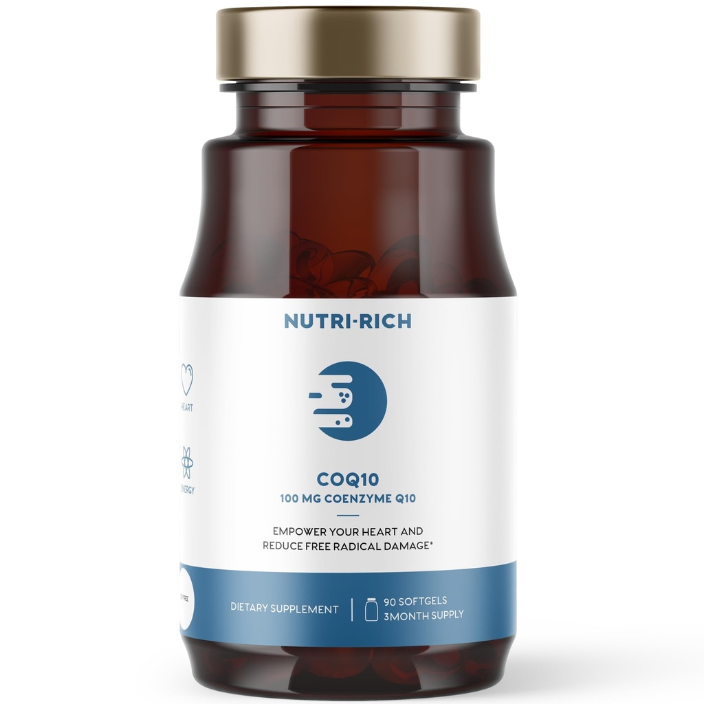 Nutri-Rich CoQ10 Softgels, Coenzyme Q10 Ubiquinone per il cuore e l'energia, Uso statino e la salute cellulare, Terze Parti Testato, Qualità GMP, No Artificial Additives, No Soy, Gluten Free, 90 Conte