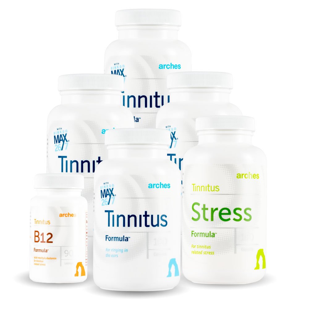 Arches Tinnitus Combo Pack - Ora con Ginkgo Max 26/7 - Trattamento naturale dell'acufene per il sollievo dalle orecchie - 6 bottiglie - 90 giorni di alimentazione