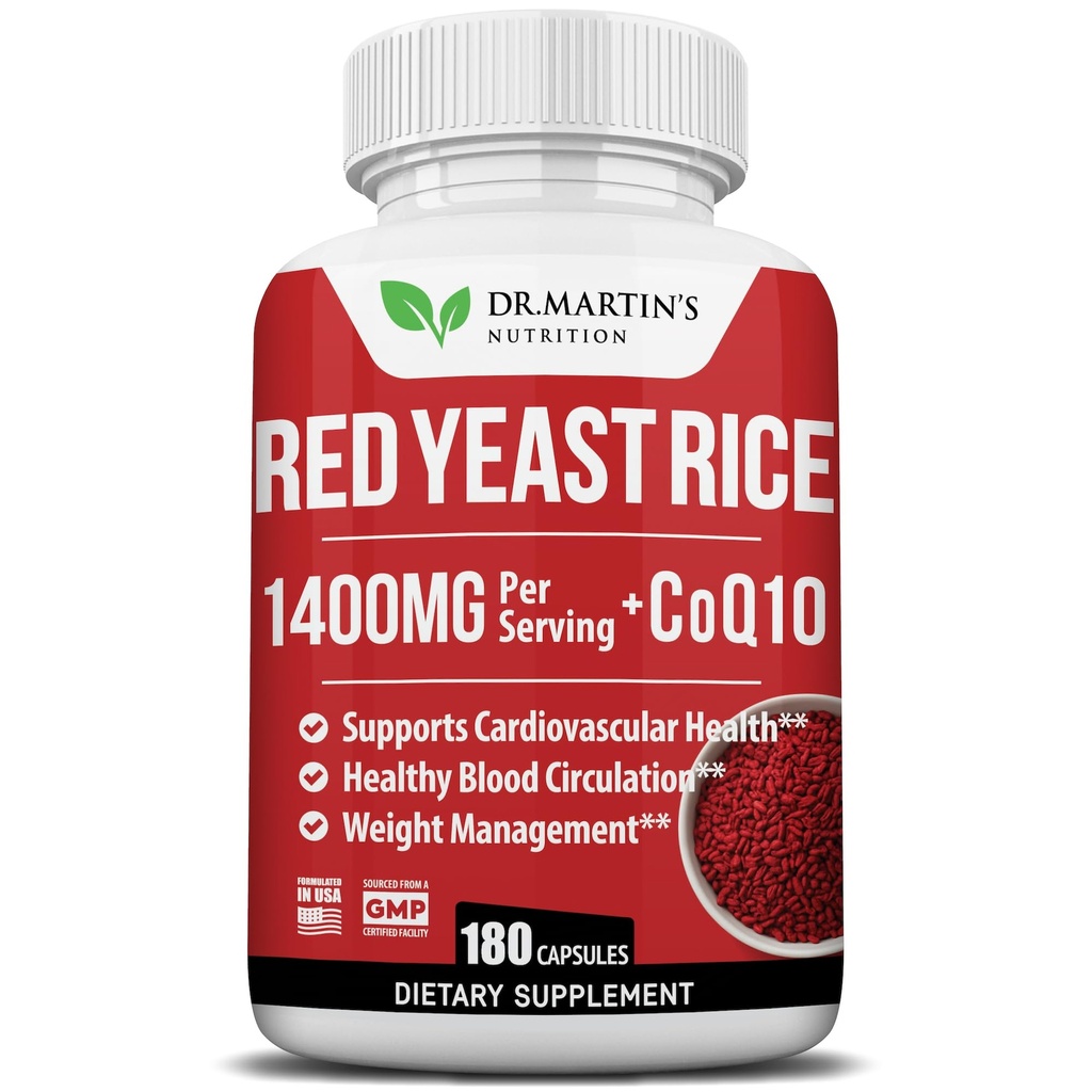 Estratto di riso di lievito rosso 1400mg Supplemento 180 Conta | Mantenere livelli di colesterolo sano | Supporta circolazione cardiovascolare e sangue per cuore sano, digestione, gestione del peso & salute generale