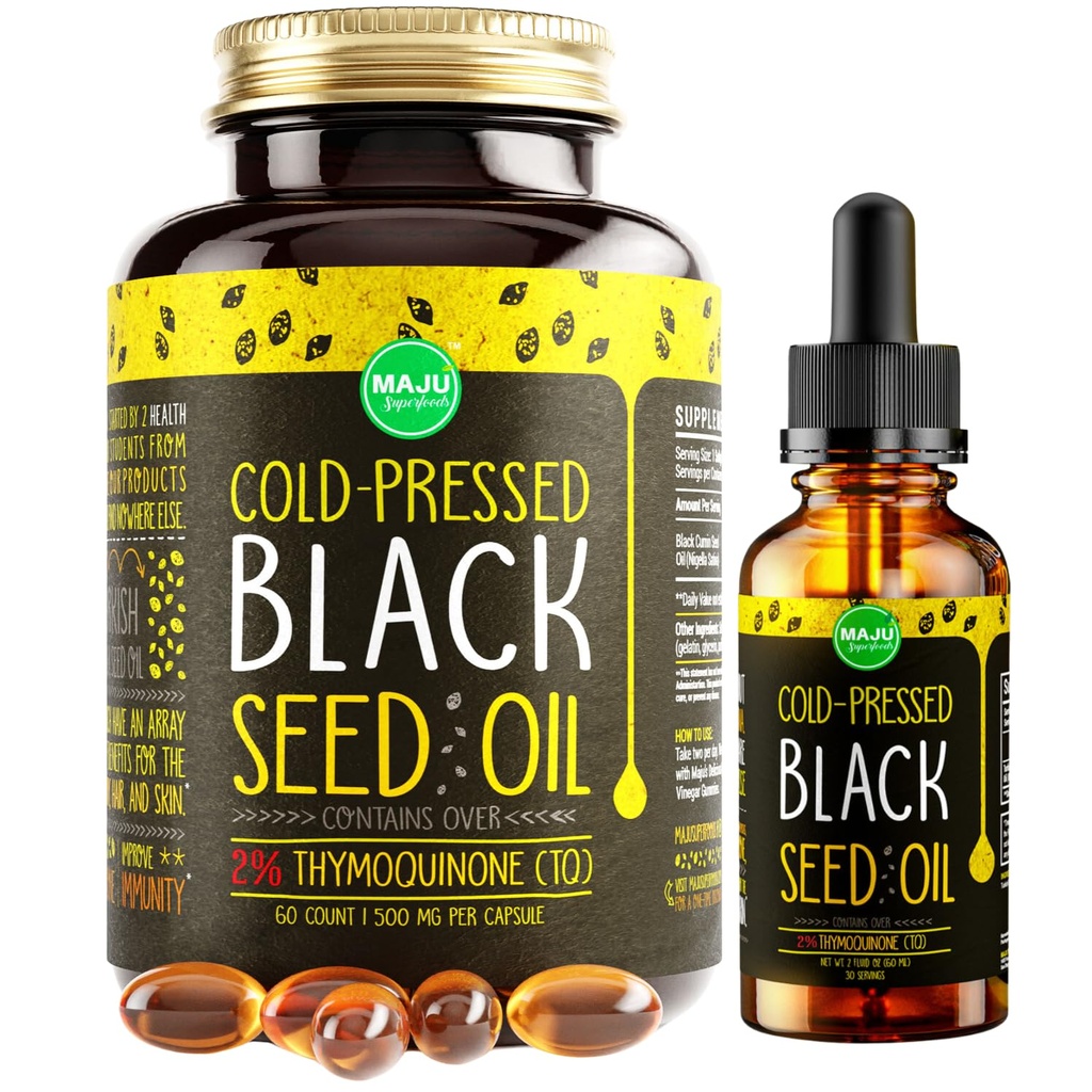 Maju Superfoods Black Seed olio 2 oz e nero Seed olio capsule Bundle