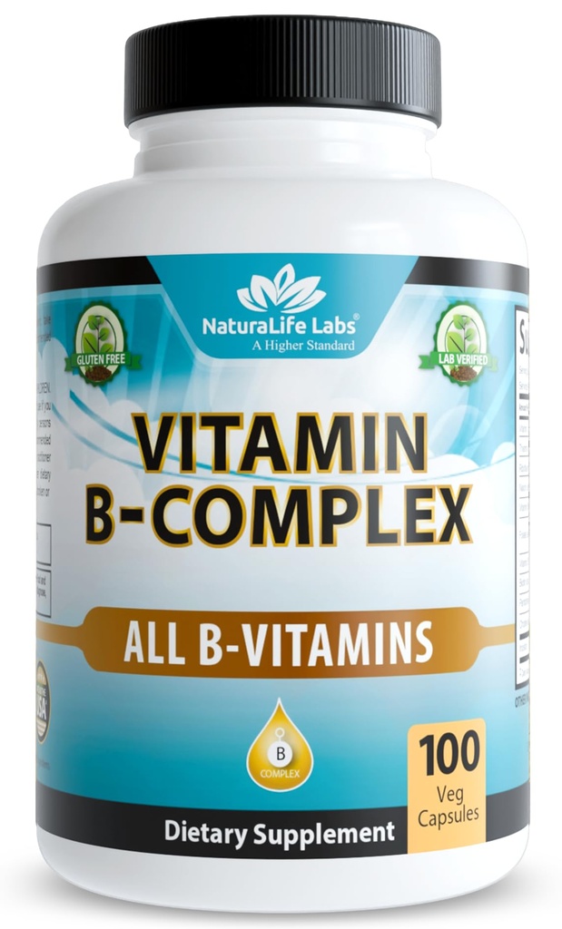 NaturaLife Labs Vitamina B-Complex con Vitamina C & Acido Folico – Include B1, B2, B3, B5, B6, B7, B9 & B12 – 100 capsule, Vegan, Non OGM, Gluten Free