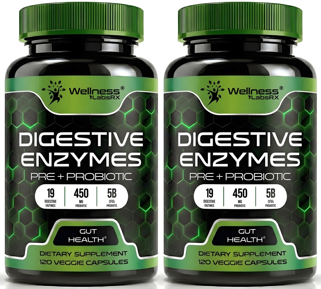 Enzimi digestivi con probiotici e prebiotici, 450 mg, 5 miliardi di CFU - Pure Super Digestion Capsule - Enzimi digestivi per la Digestione di sostegno di donne e uomini & Salute Gut - 120 Conteggio (Pack of 2)