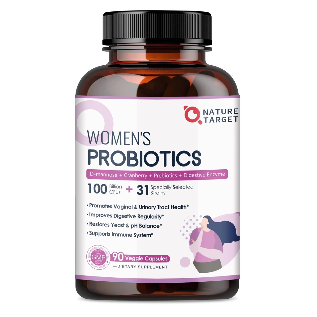 PRObiotici NATURE TARGET per le donne, 100 miliardi di CFU Probiotici con enzimi digestivi e prebiotici, Probiotici vaginali con mirtillo per la salute del tratto urinario, pH Balance, 90 capsule vegetali