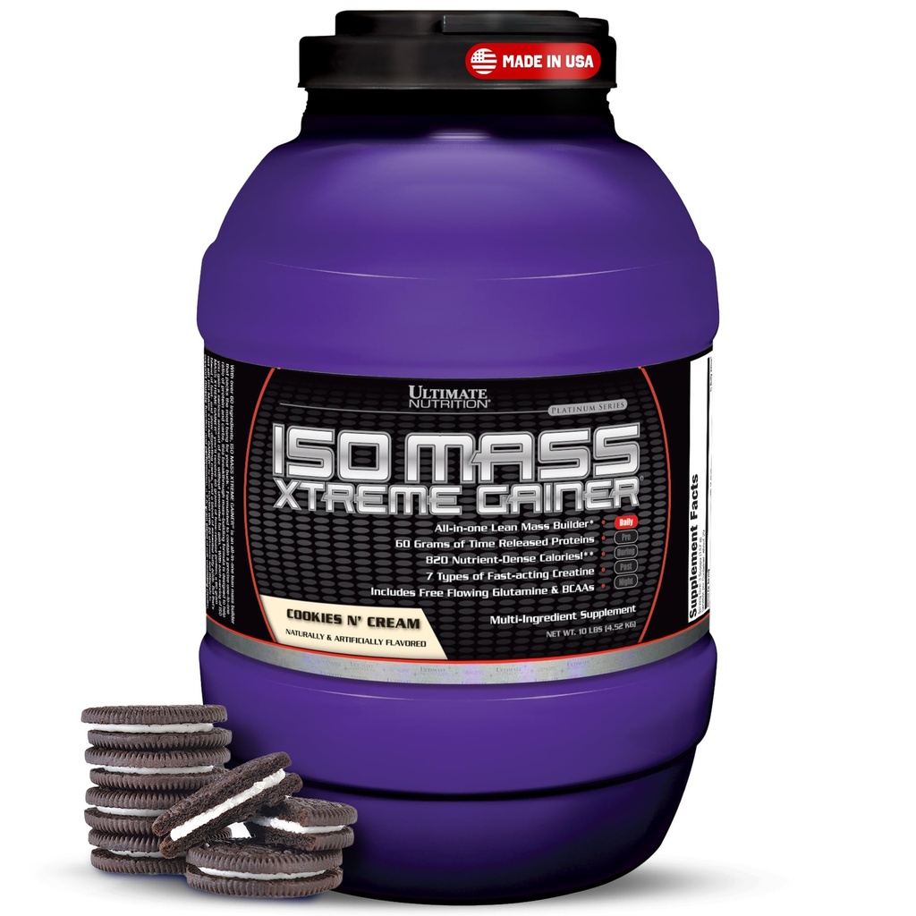 Ultimate Nutrition ISO Mass Xtreme Gainer - High-Calorie Mass Gainer con Creatine & Whey Isolate Protein Powder for Weight Gain, massa muscolare magra, Bulk Supplement - Cookies N Cream, 10lbs