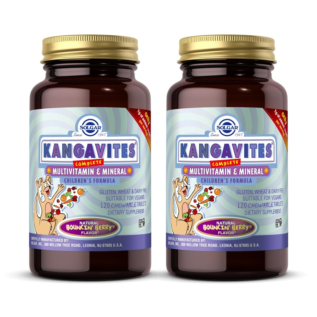 Solgar Kangavites, Bouncin’ Berry Flavor - 120 Chewable Tablets, Confezione da 2 - Multivitamin & Mineral Formula completa per bambini - Vegan, Gluten Free