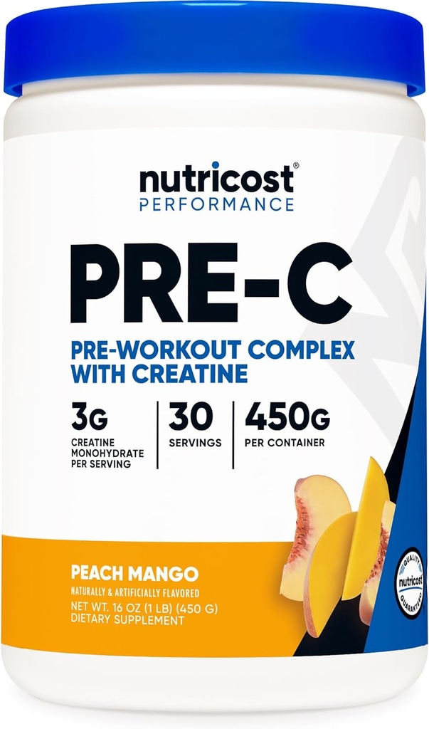 Nutricost Pre-C Pre-Workout Complex con Creatina (Peach Mango | 30 Servings) Polvere - Boost Fintess Routines, 450g