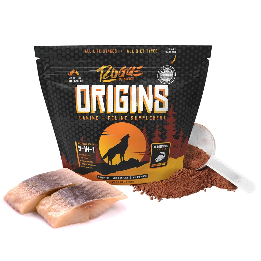 ROGUE PET SCIENCE Origins 5-in-1 Supplemento al cane - Topper alimentare in polvere w/Natural Omega 3 Fish Oil - Supporta la digestione sana, la pelle e lo strato - aiuta a ridurre il prurito e l'infiammazione comune (2 lbs)