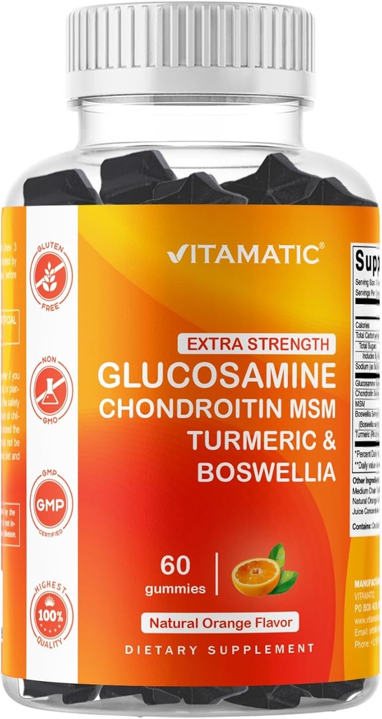 Vitamatic Extra Strength Glucosamine Chondroitin Gummies con MSM, Turmeric & Boswellia – 60 pectina-Based Gummies Advanced Joint Support Formula – Senza zucchero, Non OGM, Gelatin-Free