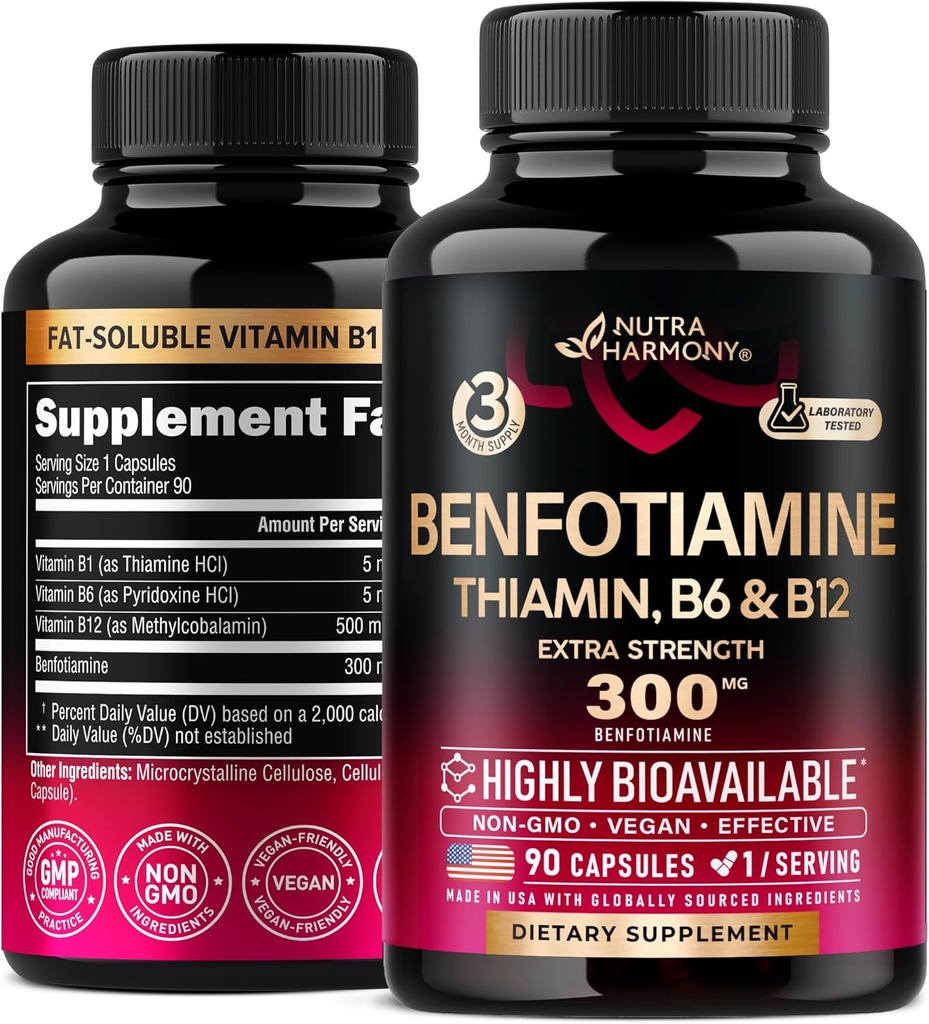 Benfotiamine 300 mg - Nerve Support, Energy & Metabolism Support - Integratore Benfotiamine Vitamina B1 - Altamente Biodisponibile & Assorbibile - con Thiamin, Vitamina B12 & B6 - 90 Capsule