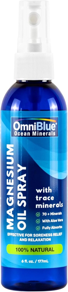 OmniBlue Magnesium & Ocean Mineral Spray- Topical, Ionic & Bio available Trace Minerals - Rilievo per Sorevolezza, Crampe, Giunti e Sonno - Spray Absorbs Fast, No Sting - USA Made (6oz)