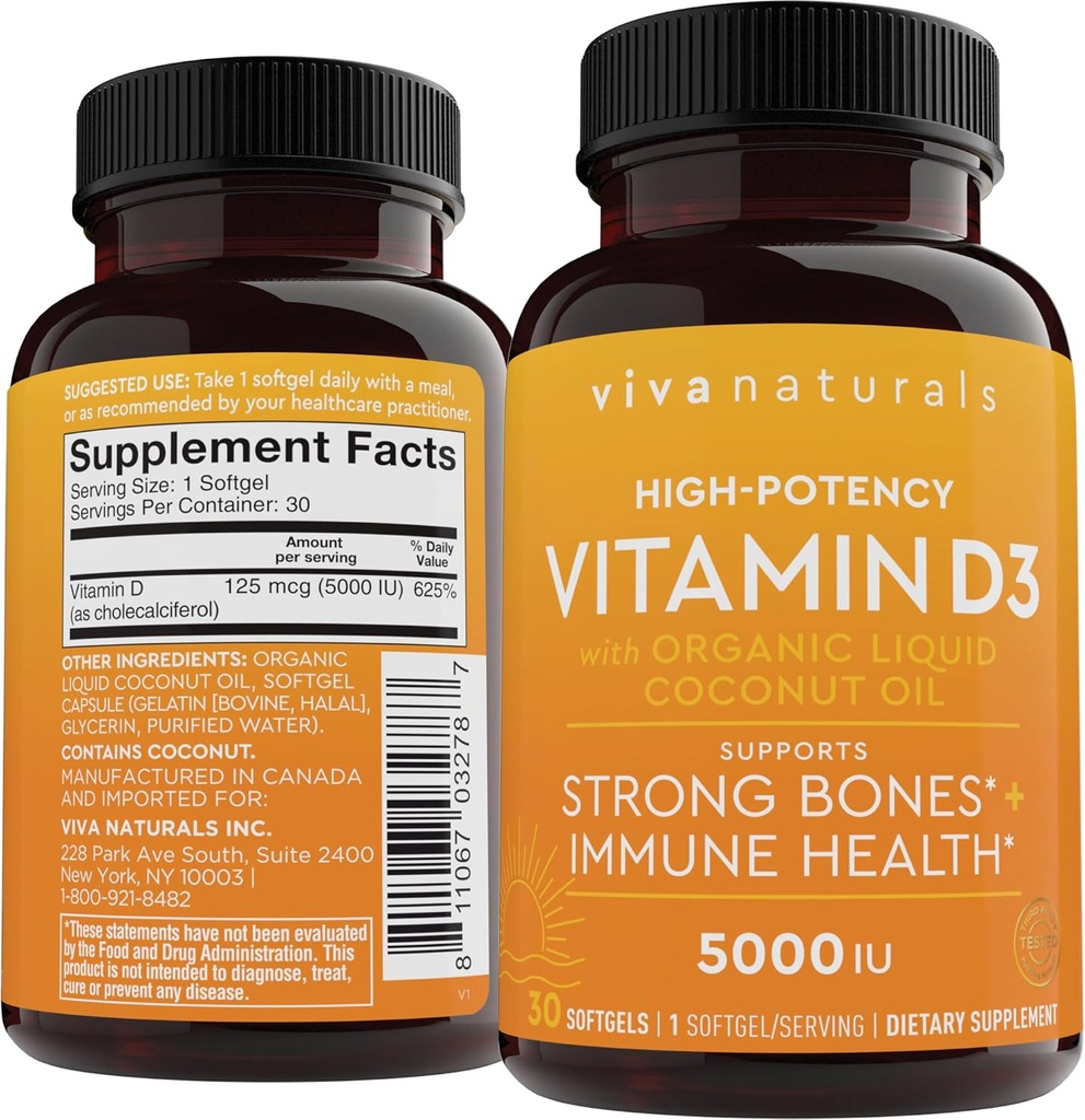 D3 Vitamina 5000 IU Softgels (125 mcg), 30 Softgels - Integratori ad alta potenza di vitamina D per la funzione immunitaria sana, ossa e muscoli - Realizzati con olio di cocco liquido organico