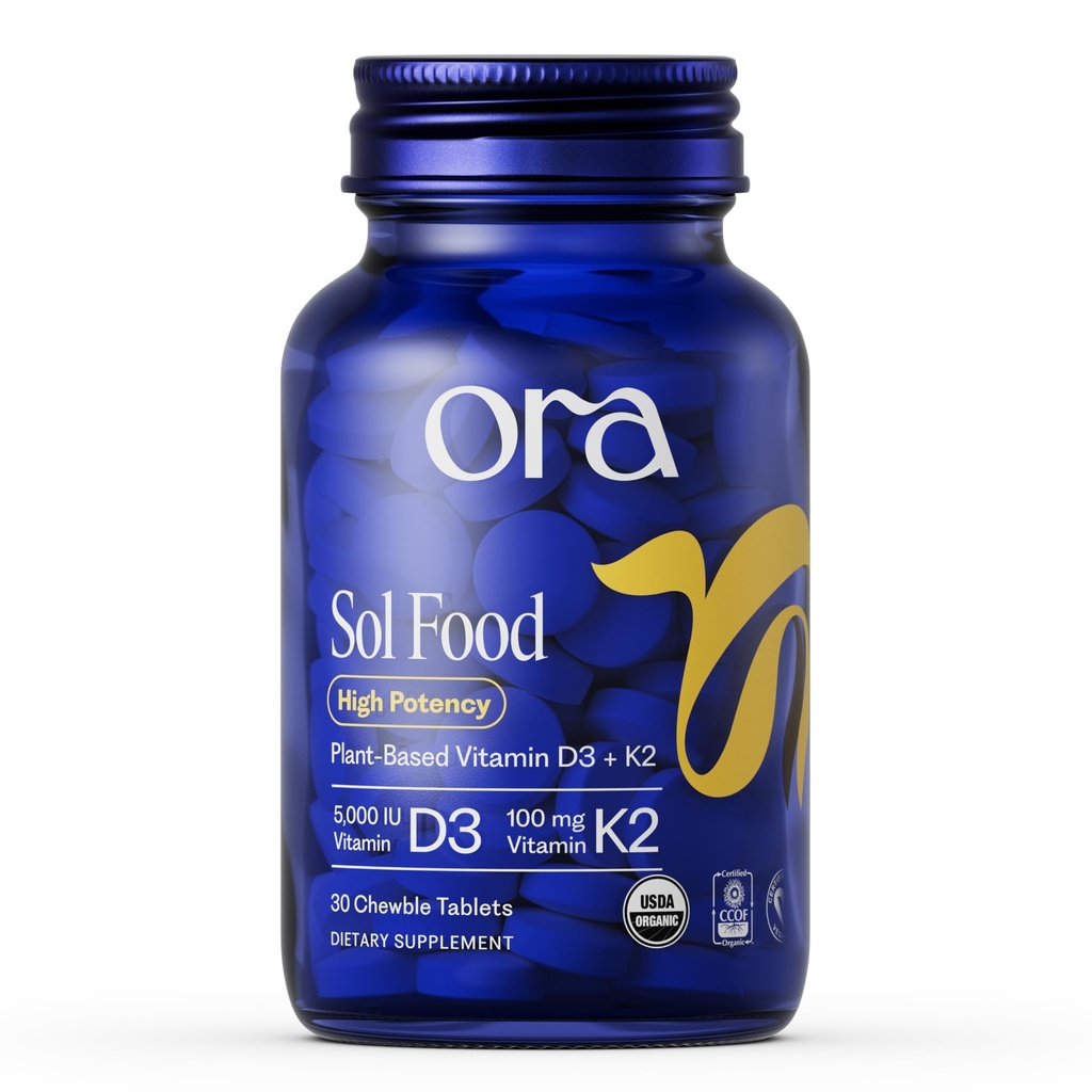 Ora Organic Vitamina D3 5000IU + K2 - Vitamina D vegana da Lichen e K2 da ceci per la salute di ossa, Supporto immunitario, & Mood, Assorbimento massimo - 1 mese di fornitura, 30 compresse masticabili