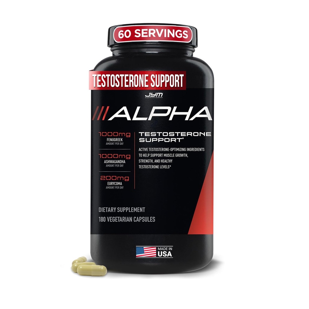 Alpha JYM Testosterone Supporto | Vitalità maschile, ottimizzazione ormone, Ashwagandha, Fenugreek, Eurycoma, Damiana, Quercetin, DIM | JYM Supplemental Science | 180 capsule vegetariane