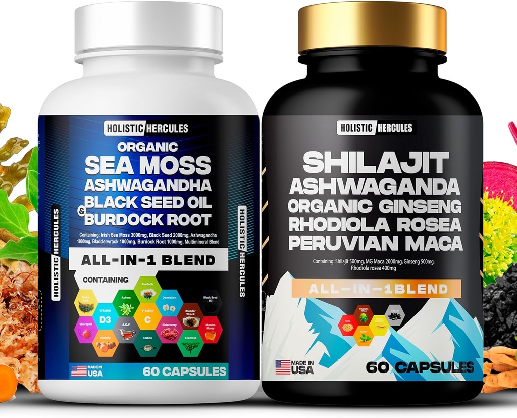 Ercole olistiche Classic Combo Bundle - Sea Moss 3000mg, Black Seed 2000mg, Ashwagandha 1000mg, Shilajit 5000mg, Panax Ginseng 1500mg, Peruvian Maca 2000mg, Tutti in 1 Supplementi Confezione