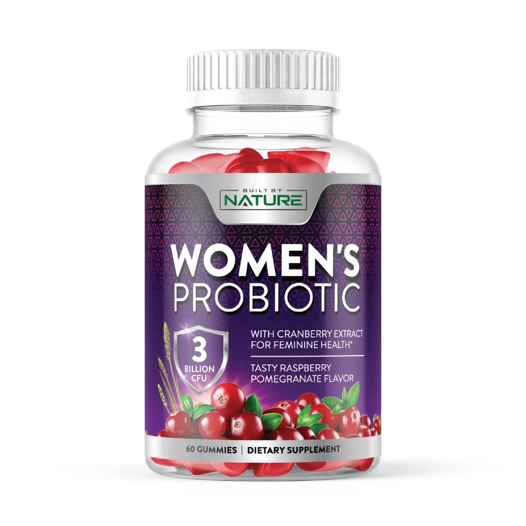 Costruito da Probiotici Naturali per Donne Gummies 3 miliardi di CFU, 6 Strains Probiotici con Supplemento di mirtillo, Digestivo, Immune, Vaginale & Urinary Health, Scaffale Stabile, 60 Gummy
