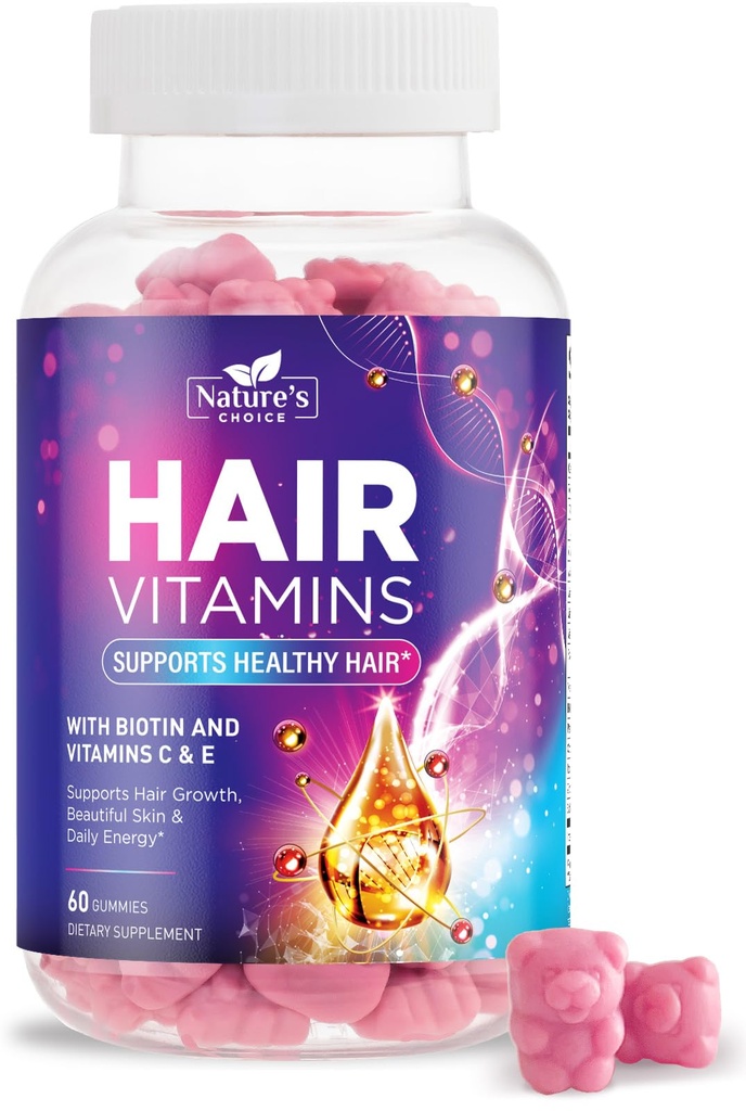 Capelli Vitamine Gummies con 5000 mcg Biotina, Capelli Crescita Support Gummy, Premium Vegetariano Non OGM Con Vitamine E & C per capelli più forti, Belli capelli, Pelle & Unghie, Biotin Gummies Supplemento - 60 Gummies
