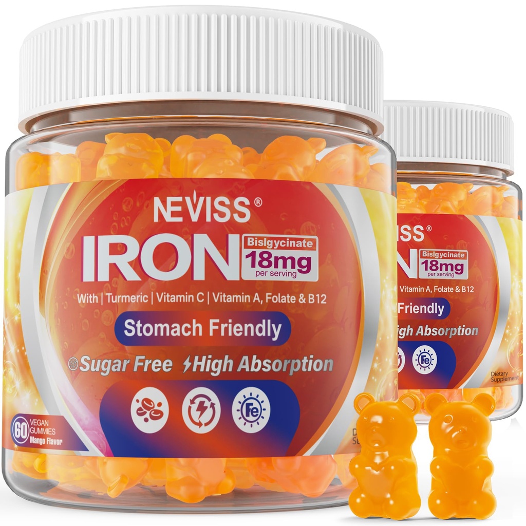 Vegan Iron Gummies Supplemento con vitamina C, B12, Folate & Turmeric - Energy & Immune Health | Bisglycinate Iron Bisglycinate 18mg Gentle & Non-Constipating - Women & Men, 2 Pack