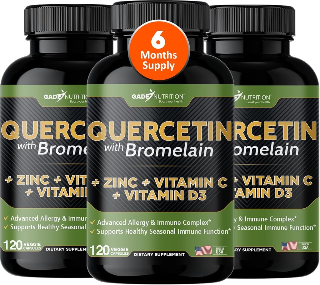 Gade Nutrition Quercetin con Vitamina C e Zinco - Quercetin 500mg - Quercetin con Bromelain - Zinc Quercetin - Quercetin Supplements + Vitamina D3 (Non OGM, Senza Glutine, Vegan) - 6 Mesi di Alimentazione