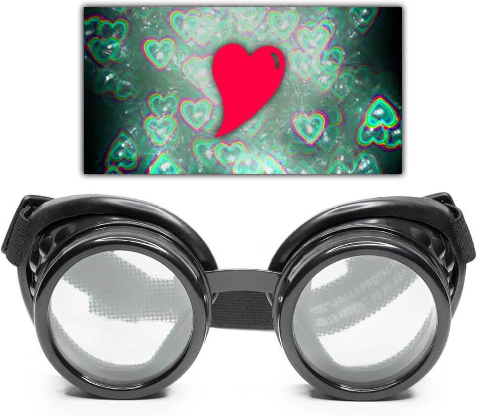 GloFX Black Heart Effect Diffraction Goggles - See Hearts - 3D Holographic Visuals Edm Rave Outfit Steampunk Costume Music Festival Essential
