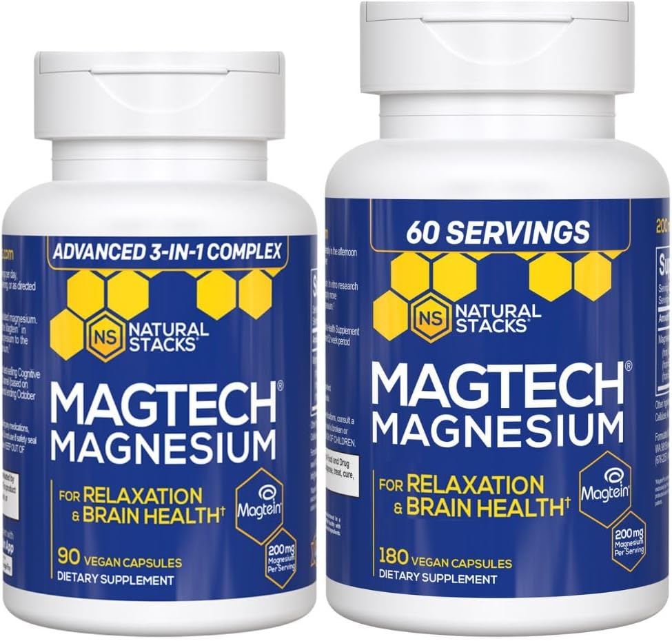 Natural Stacks Magtech Magnesium Valore Bundle - 3 Forme di Magnesio - Con Magtein L-Threonate - Supporti Rilassamento e Salute Del Cervello* - 270 Capsule Totali