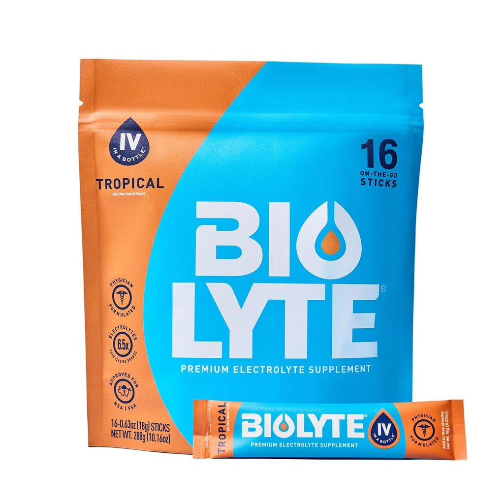 BIOLYTE IV Electrolyte Powder Packets, IV Liquid Drink Mix per l'acqua, Dr.-sviluppato Hydration, HSA & FSA approvato Rilievo di disidratazione, chemioterapia deve avere per le donne e gli uomini - Tropicale (16 Sticks)