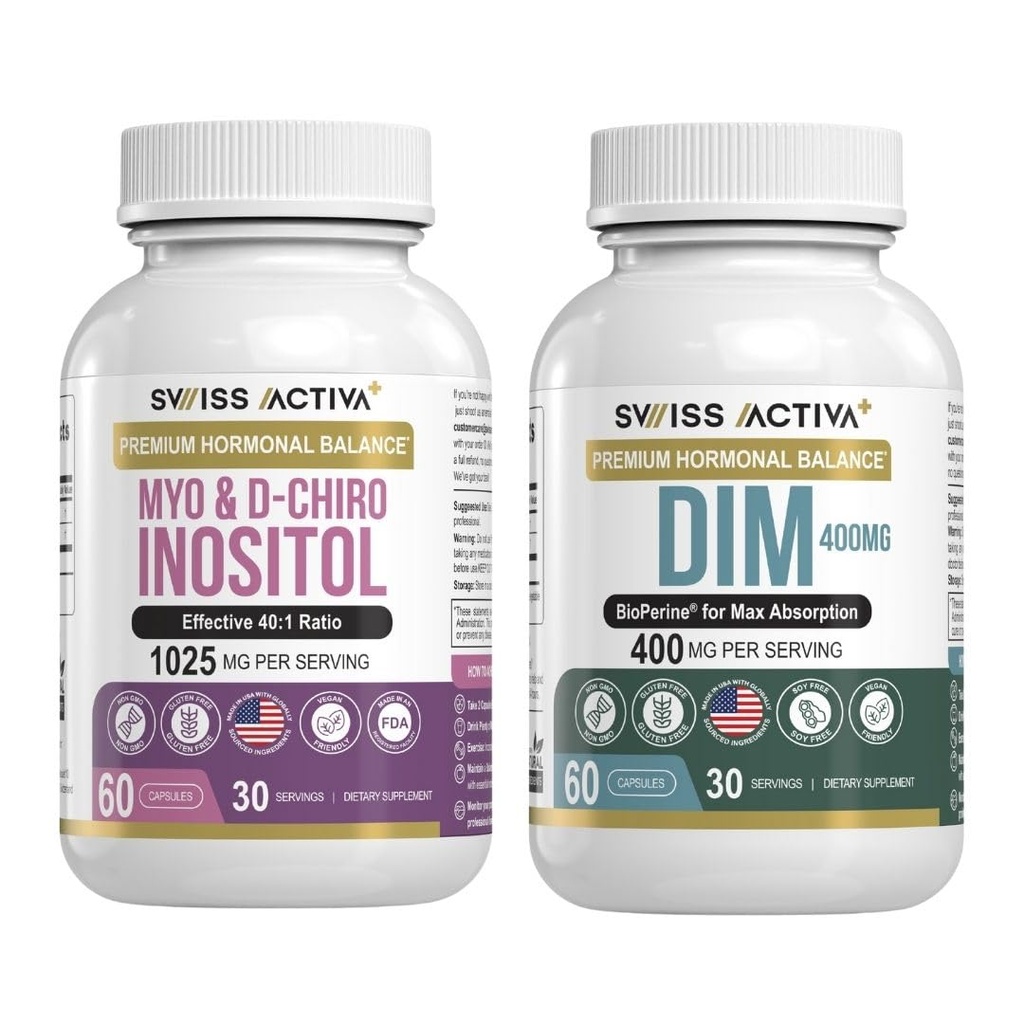 Swiss Activa+ DIM & Myo-Inositol Bundle – Supporto per l'equilibrio dell'ormone & PCOS per le donne – Ciclo mestruale, umore, estrogeno e salute ovarica – alimentazione di 60 giorni