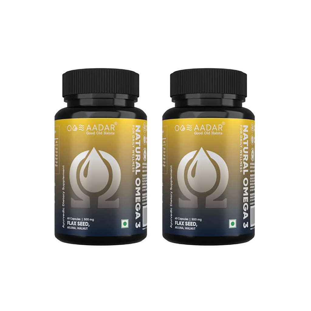 AADAR Natural Omega 3 Vegan Fatty Acid & Immunity Supplemento per gli uomini e le donne |Flaxseed Arjuna Walnut No Fish Oil | 60 capsule (Pack of 2)