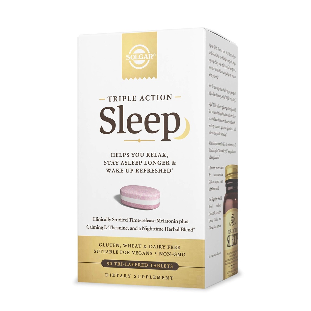 Solgar Triple Action Sleep, 90 Tavole Tri-Layer - Time-Release Melatonin & L-Theanine Plus Herbal Blend - Ti aiuta a rilassarti - Non OGM, Gluten Free - 90 Serve
