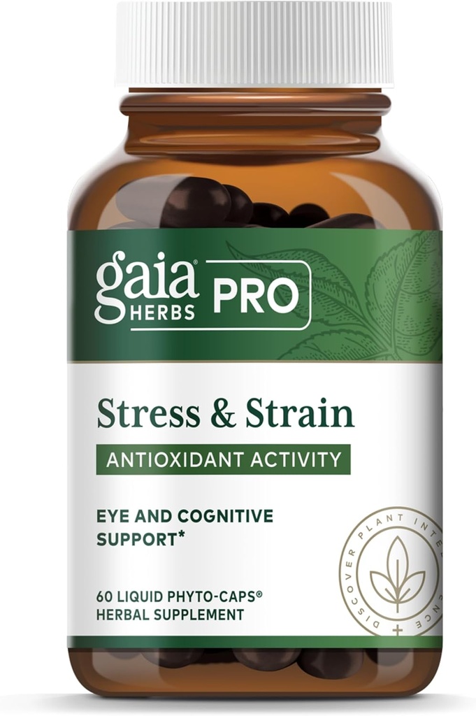 Gaia Herbs Pro Stress & Strain - Supporto per la salute degli occhi - Caratteristiche Astaxanthin, Lutein, Semi di Uva & More - Vegan, Gluten-Free & Dairy-Free - 60 Liquid Phyto-Caps (60 Servings)