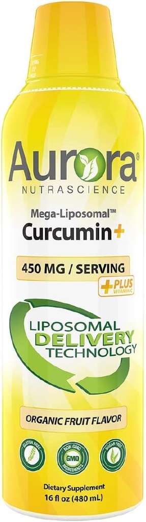 Aurora Nutrascience Mega-Liposomal Curcumin+ Vitamina C con CurcuVail, Supporta giunti sani, muscoli, tratto GI e funzione del cervello, organico, non OGM, 32 Serve, 16 fl oz