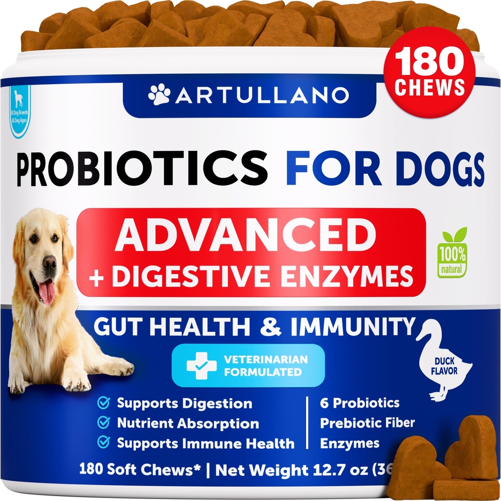 Probiotici per cani - Support Gut Health, Itchy Skin, Allergies, Immunità, Yeast Balance - Probiotici per cani e enzimi digestivi con prebiotici - Ridurre diarrea, Gas - 180 Cuciture probiotiche per cani