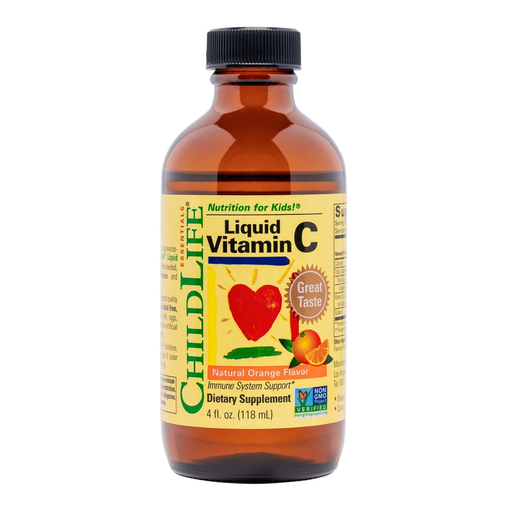CHILDLIFE ESSENTIALS Liquid Vitamin C - Pure Vitamina C Liquid Supplemento per bambini, Immune System Support, Great Taste - Natural Orange, 4 Fl Oz (Pack of 1)