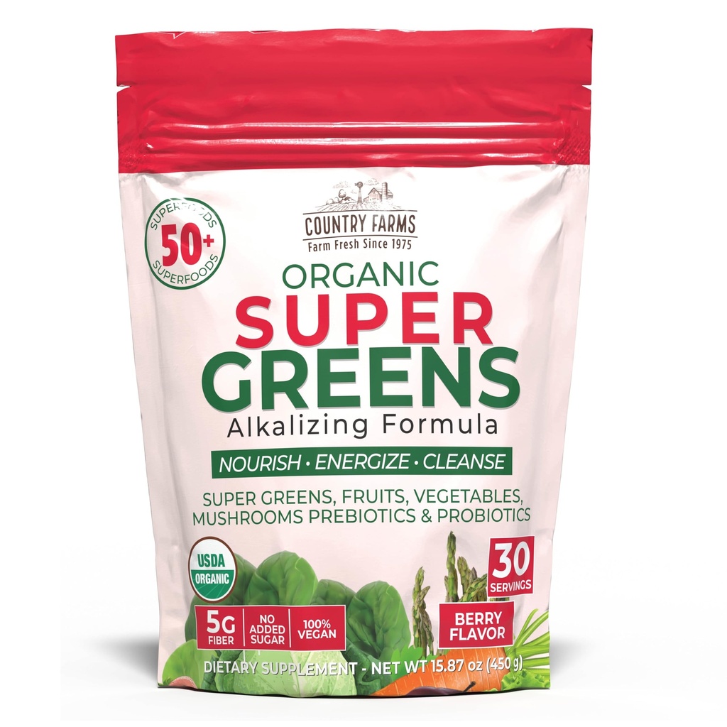 Country Farms Super Greens Berry Flavor, 50 Organic Super Foods, USDA Organic Drink Mix (Wheat Grass, Spirulina, Chlorella) Funghi e Probiotici, con Fiber, Gut Health, Natural Energy, 30 Servings