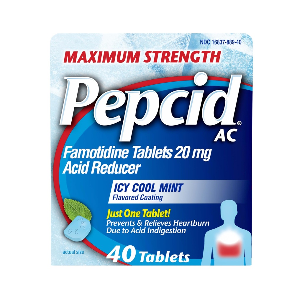Compresse di sollievo da bruciore di stomaco di resistenza massima AC, OTC medicina previene e allevia bruciore di stomaco a causa di indigestione acida & Stomach acida, Riduttore acido di Famotidina 20mg, zecca ICY Cool, 40 ct