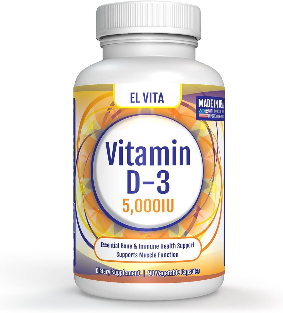 90 capsule vegetali vitamina D. D3 5000IU (125 MCG) supplemento dietetico di supporto immunitario ad alta potenza. Recupero muscolare sano avanzato. Formula non OGM