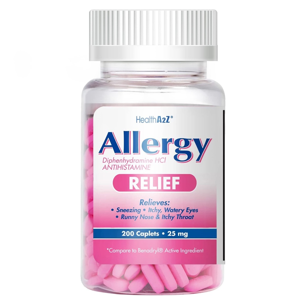 SaluteA2Z® Allergy Relief | Diphenhydramine HCL 25mg | Antihistamine | Relief from Itchy Throat, Sneezing, Runny Noses | Indoor & Outdoors Allergies (200 Caplets (Pack of 1))