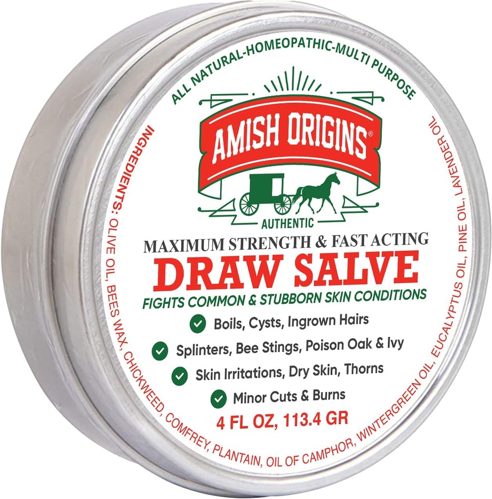 Amish Origins Disegno Salve Ointment, 4 oz Massima resistenza Disegno rapido Salve per Splinters, Boil, Bee Stings, Cisti, Anti Itch Cream, Made in USA