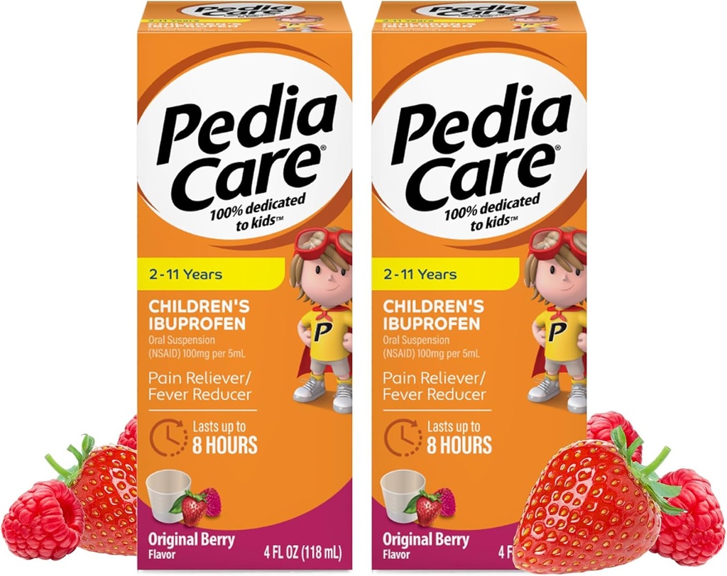 Liquido di sospensione orale Ibuprofene per bambini, Rilievo per bambini + Riduttore di febbre, Età 2-11, Sapore di bacche, 4 fl oz (2 Confezione)