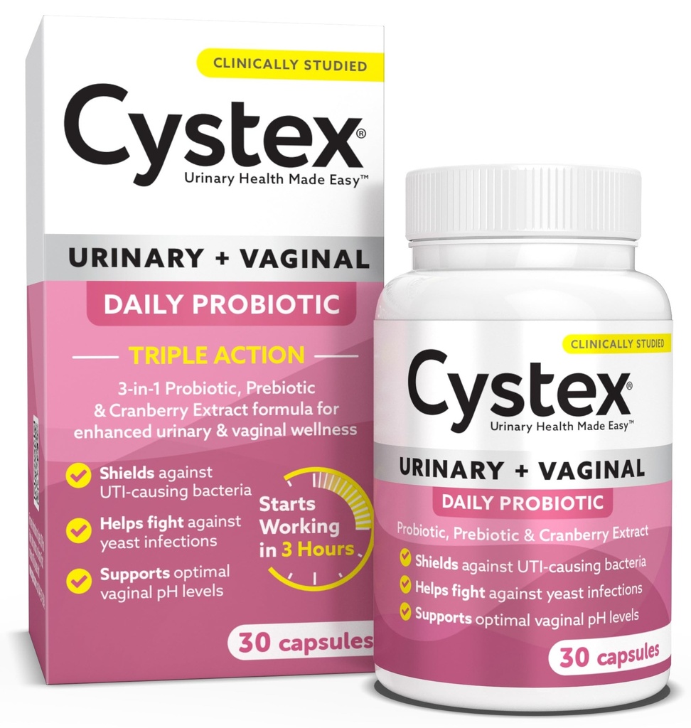 Cistex 3-in-1 Tratto urinario Probiotico per le donne - Fast-Acting UTI & Yeast Infection Support with Prebiotics, Probiotics, & Cranberry - Supporta pH vaginale & Flora Balance - 30 capsule
