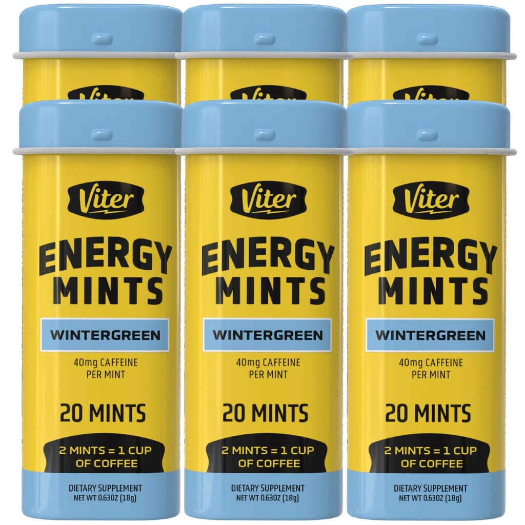 Viter Energy Caffeinato Mints 40mg Caffeina, B Vitamine, Sugar Free. (Wintergreen, 20pcs, 6 Pack)