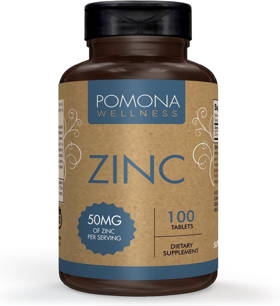 Integratori di zinco di benessere di Pomona per adulti, 50 mg, salute della pelle e supporto immunitario, facile da ingoiare, per la salute generale e antiossidante, vegano, non OGM, 100 compresse