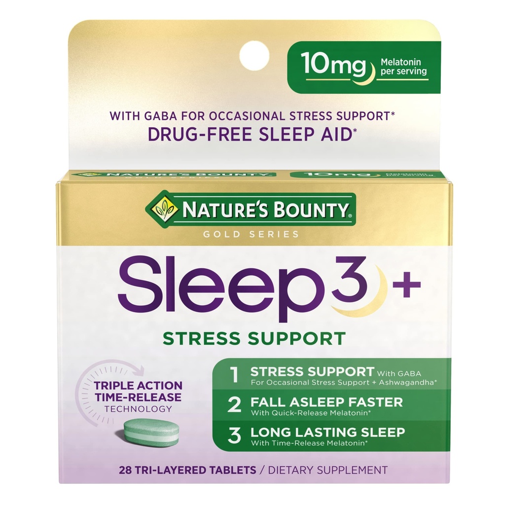 Dormire a dovere della natura + supporto per lo stress, Sleep3 massima resistenza al 100% Droga aiuto al sonno gratuito, supplemento dietetico con Ashwagandha, tecnologia di rilascio del tempo, 10mg, 28 compresse tri-layered