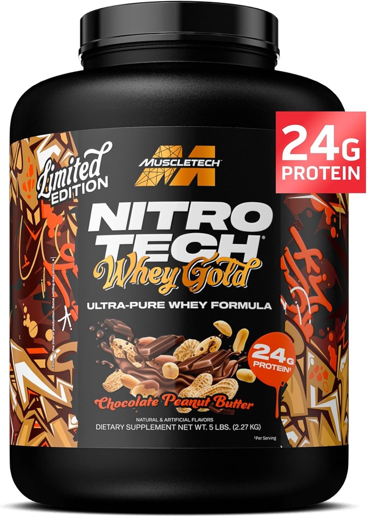 MuscleTech Whey Protein Powder (Chocolate Peanut Butter, 5LB) - Nitro-Tech Whey Protein Isolate Smoothie Mix per muscolo magro e veloce recupero - 24g di Whey Gold Protein per le donne e gli uomini - senza glutine