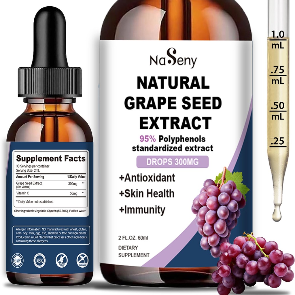 Estratto di semi di uva naturale Gocce-300 mg Grape Seed Extract Liquid Supplement - Massima resistenza Vitis Vinifera Seed Tincture, Standardizzato al 95% Polifenoli, Non OGM, Gluten Free (60ml)