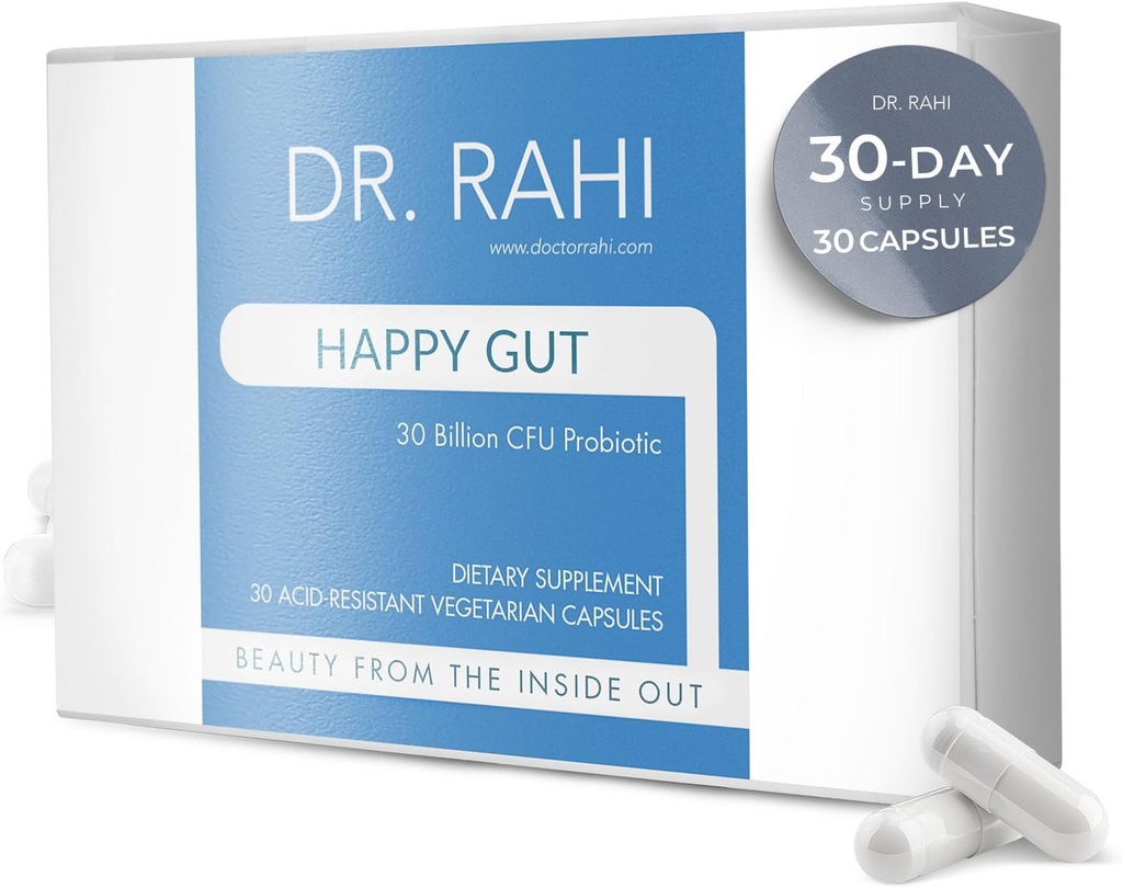 Dr. Rahi Probiotics giornaliero DF 30 miliardi di CFU Probiotic Gut Supplemento di supporto, 30 capsule resistenti agli acidi, Probiotici per la salute digestiva, Gut Salute per le donne / Men, Supporto Gut Motility -Happy Gut