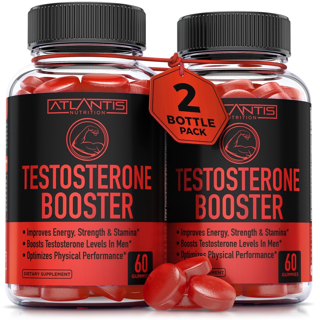 Atlantis Nutrition Testosterone Booster Gummies per gli uomini - Migliora la forza & Stamina - Ottimizza le prestazioni & Male Enhancement - Fatto con Tribulus, Horny Goat Weed, Maca Root | 2-Pack (120 Gummies)