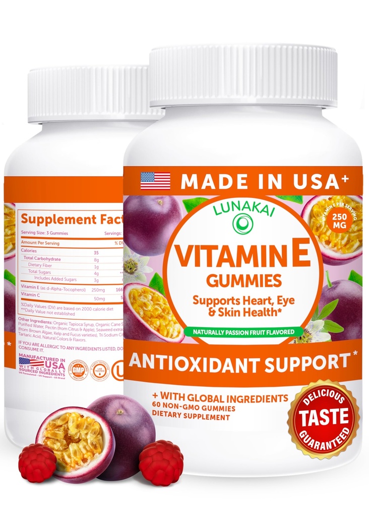 Lunakai USA ha fatto la vitamina E Gummies 400IU con vitamina C - Delizioso, Vegan, supplemento non OGM per il supporto giornaliero della pelle e degli occhi, 60ct