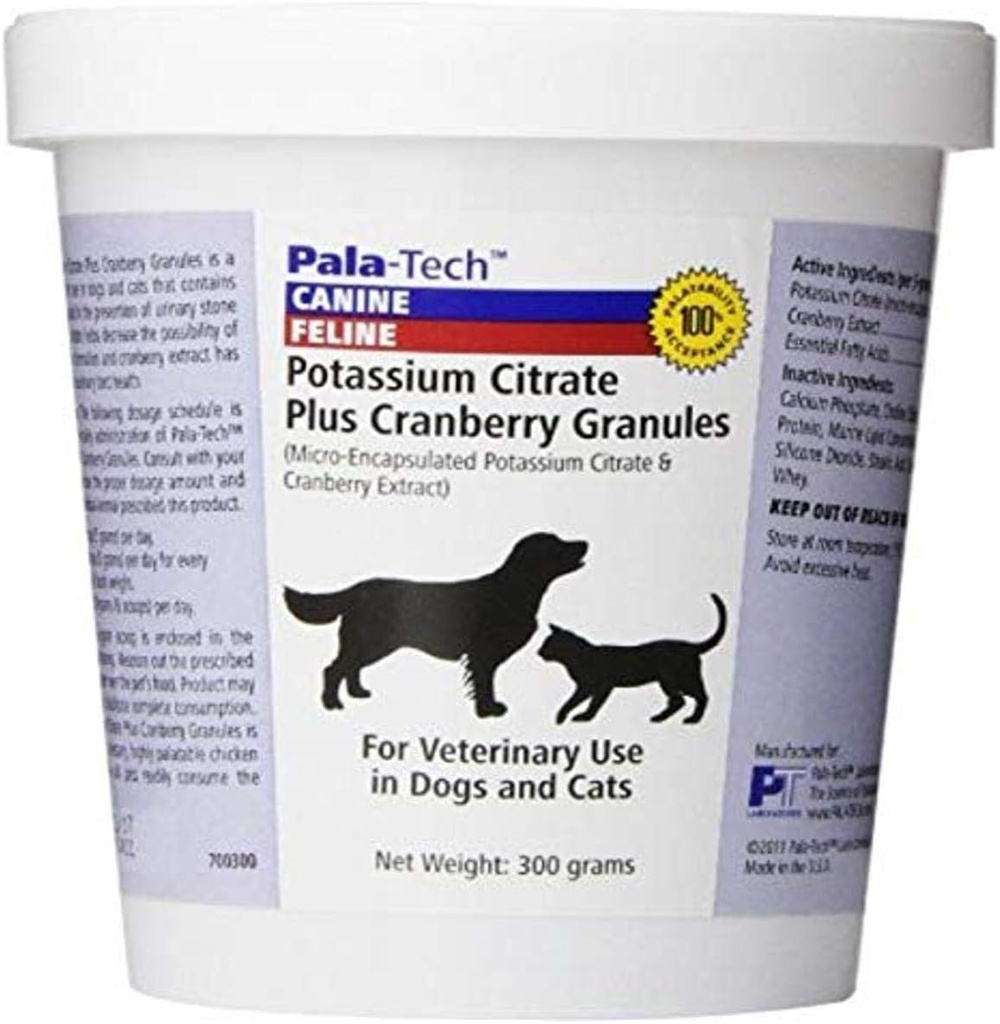 Citrato di potassio Pala-Tech Plus Granule di mirtillo 300 gm - Trattamento Cat & Dog UTI - Integratori del tratto urinario per la prevenzione della pietra della vescica (Made in USA)