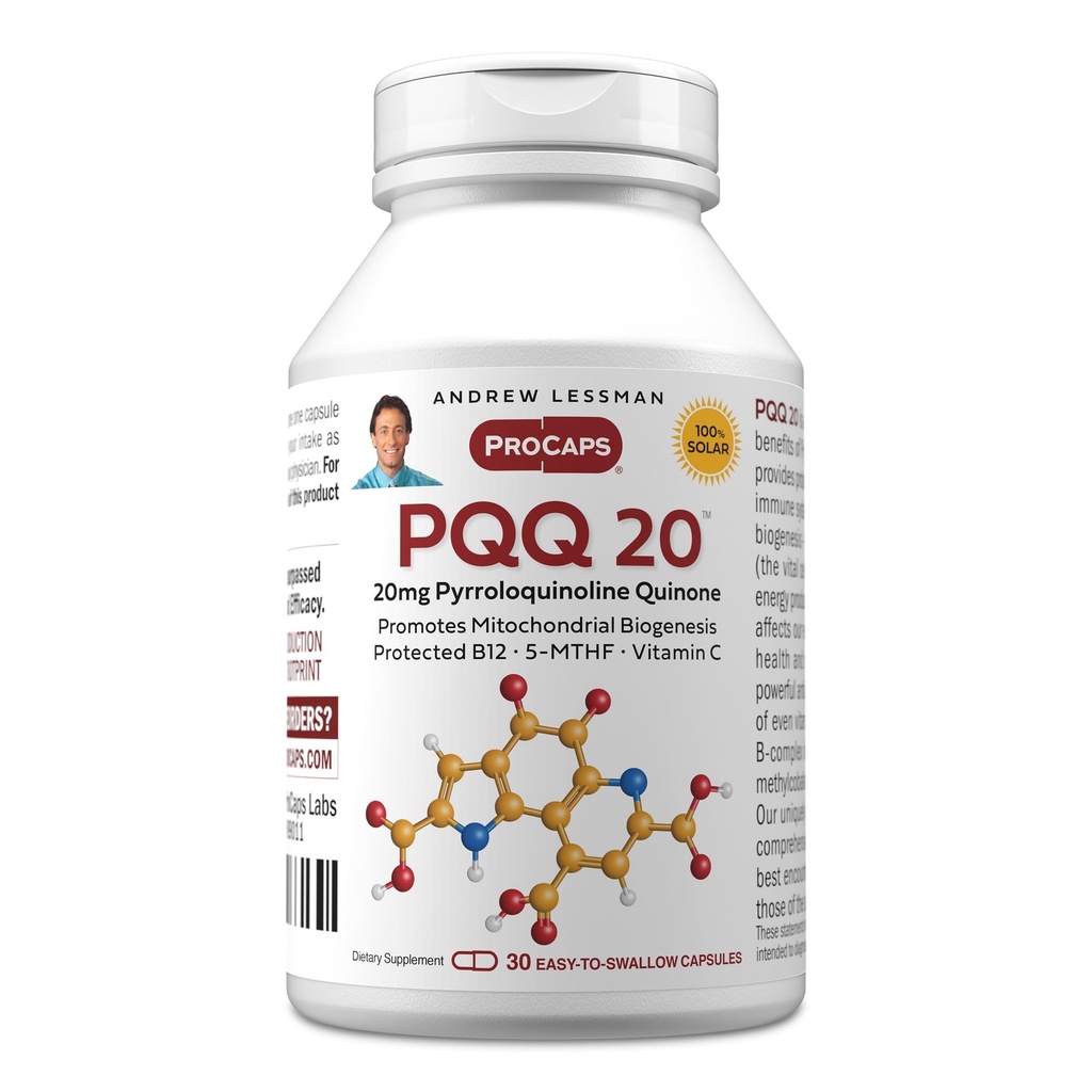 ANDREW LESSMAN PQQ 20mg - 30 Capsules - 20mg Pirroloquinolina Quinone, Natural Protective Compound Supporta organi vitali, cuore, cervello, fegato, sistema immunitario. Biogenesi mitocondriale, senza additivi