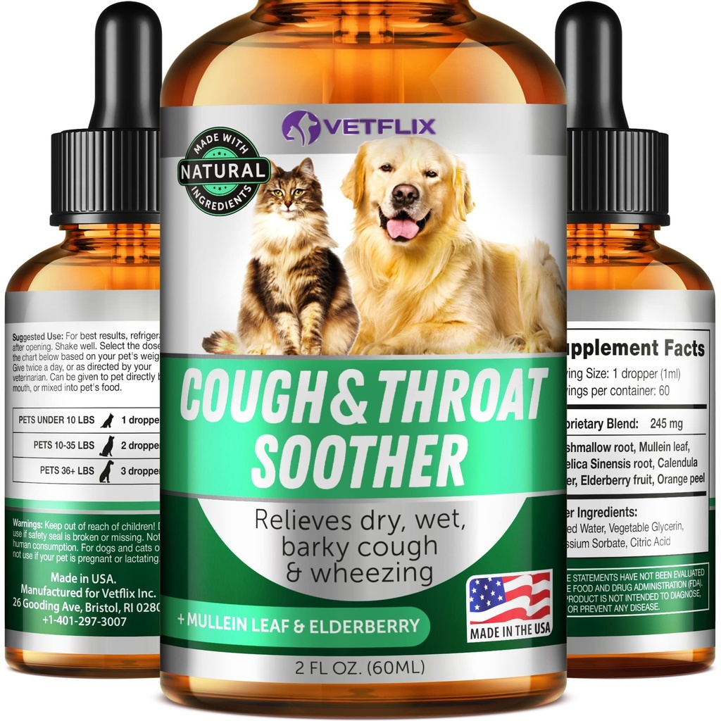 Trattamento della tosse del Kennel per cani e gatti - Made in USA - Allergy & Cat Asthma Relief - Mullen Leaf & Elderberry Blend - Dry, Wet & Barky Cough Relief per cani e gatti - All Breeds & Sizes - 2 Fl Oz